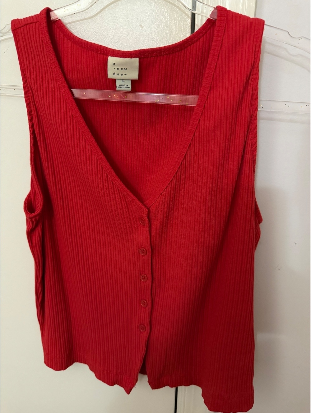 New Day Women's Medium Red Ribbed Sleeveless Button-Front Top